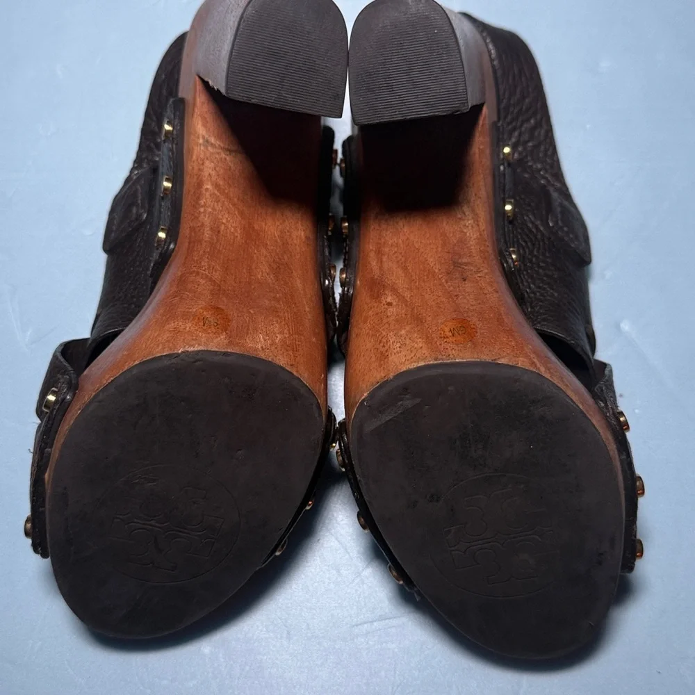 TORY BURCH Women’s 8 M Jodie Brown Leather Woven Platform Heel Sandals - Picture 12 of 15